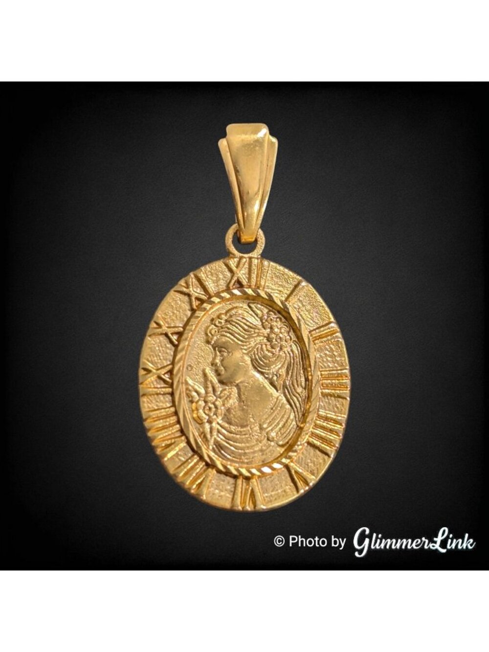 Vintage Gold Tone Lady Portrait Roman Numeral Medallion Pendant 1 5/8"